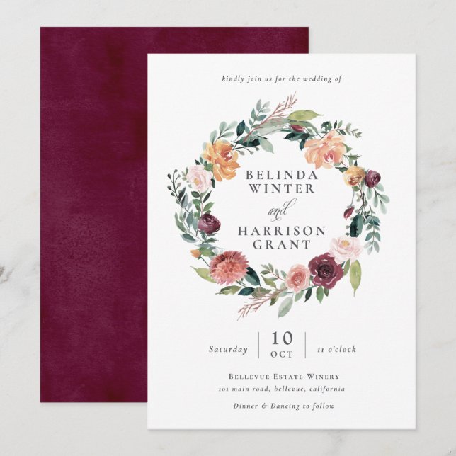 Rustikaler Charm Burgundy Blush Blumenzeremonie Einladung (Vorne/Hinten)