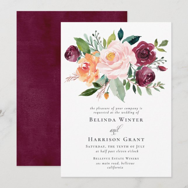 Rustikaler Charm Burgundy Blush Bouquet Blumenhoch Einladung (Vorne/Hinten)