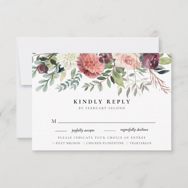 Rustikaler Charm Burgundy Pink Floral Wedding RSVP Karte (Vorderseite)