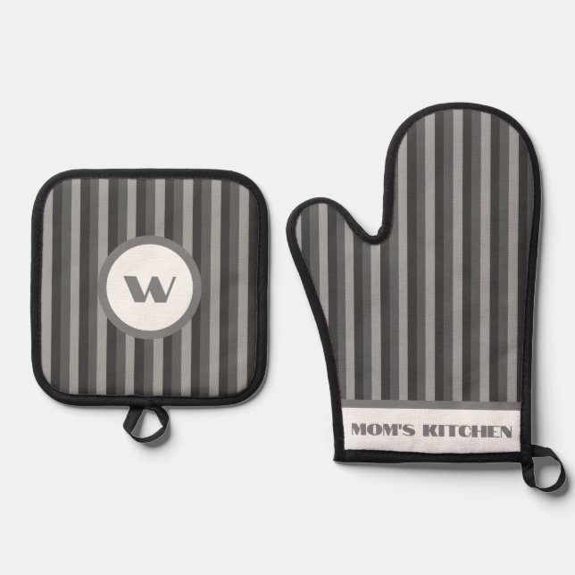 Rustikaler Charm grau gestreift Ofenhandschuh & Topflappen-Set (Vorderseite)