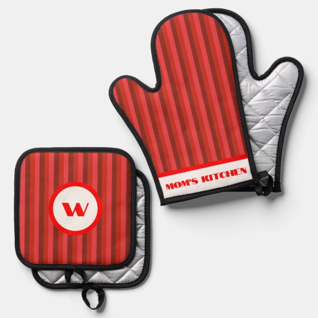 Rustikaler Charm Rot Streifen Ofenhandschuh & Topflappen-Set (Vorderseite/Rückseite)