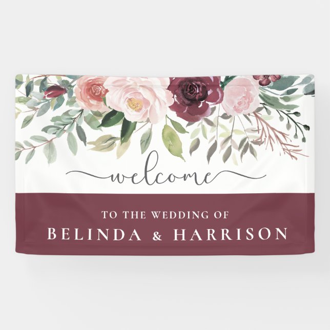 Rustikaler Charme Burgund Blush Pink Blues Hochzei Banner (Horizontal)