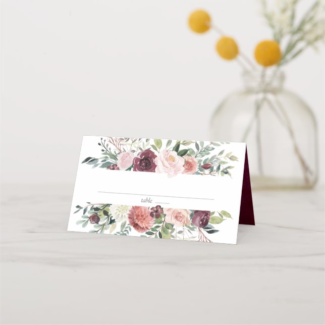 Rustikaler Charme Burgund Blush Pink Blues Hochzei Platzkarte (Vorderseite)