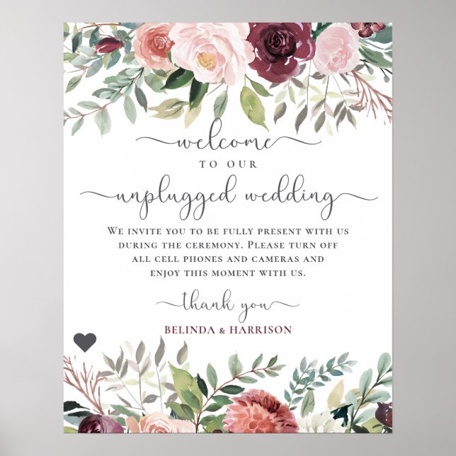 Rustikaler Charme Burgund Blush Pink Blues Hochzei Poster (Vorne)