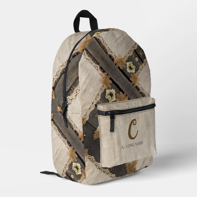 Rustikaler Charme Jute & Spitze Barnwood QR-Code Bedruckter Rucksack (Rückseitige Ecke links)