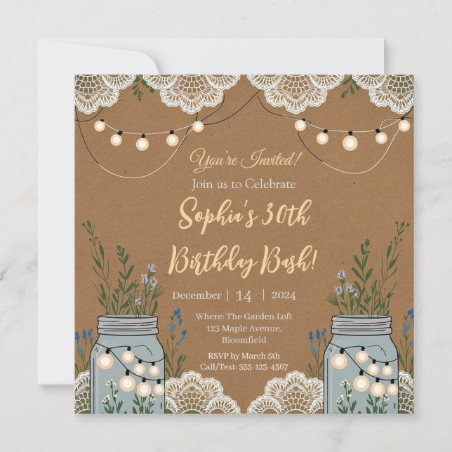 Rustikaler Charme mit Spitzen- und Mason-Gläsern Einladung (Vorderseite)