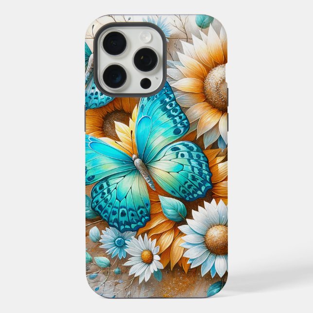 Rustikaler Charme: Schmetterling und Daisy iPhone 15 Pro Max Hülle (Rückseite)