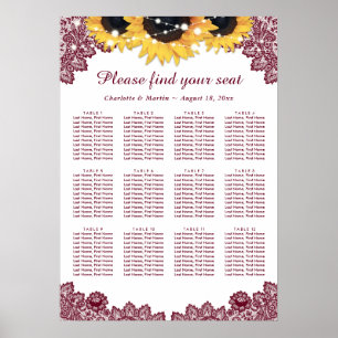 Rustikaler Chic Burgund Sonnenblumen Sitzplan 12 Poster