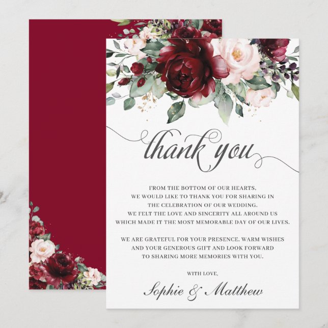 Rustikaler Chic Burgundy Blush Bloral Wedding Brid Dankeskarte (Vorne/Hinten)