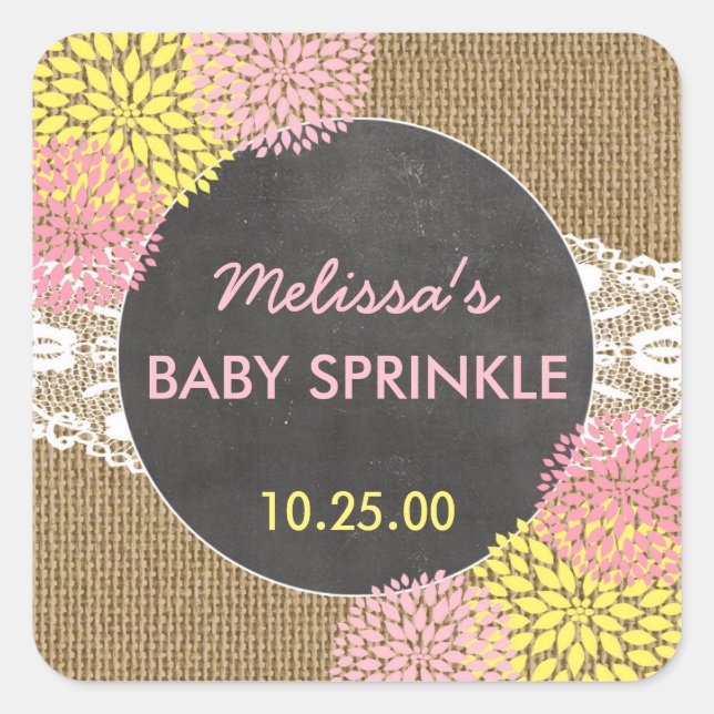Rustikaler Chic Burlap Pink Gelb Baby Sprinkour Ge Quadratischer Aufkleber (Vorderseite)