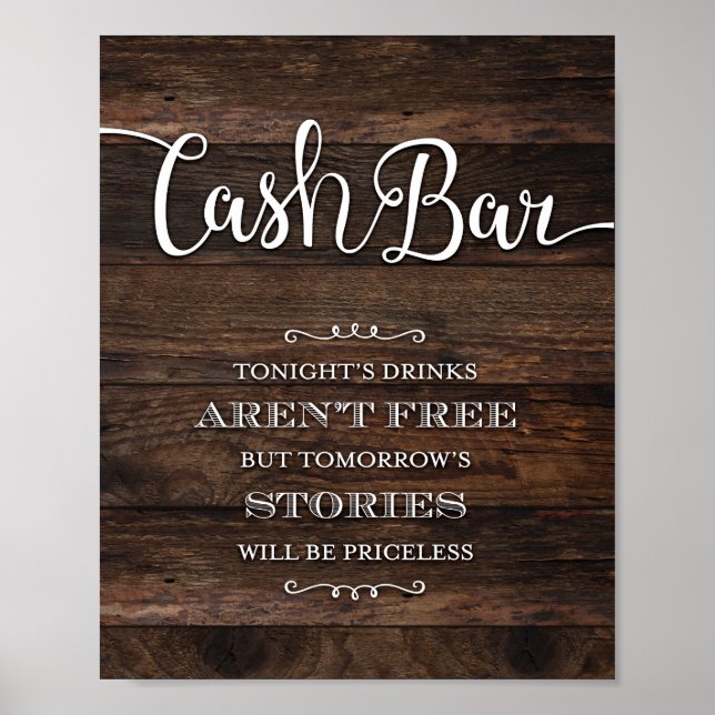 Rustikaler Chic CASH BAR Party signieren Poster (Vorne)