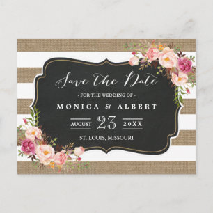 Rustikaler Chic Jute Streifen Blumen Save the Date Ankündigungspostkarte