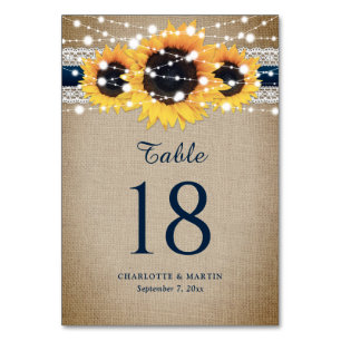 Rustikaler Chic Navy Blaues Jute-Lace-Sonnenblume Tischnummer