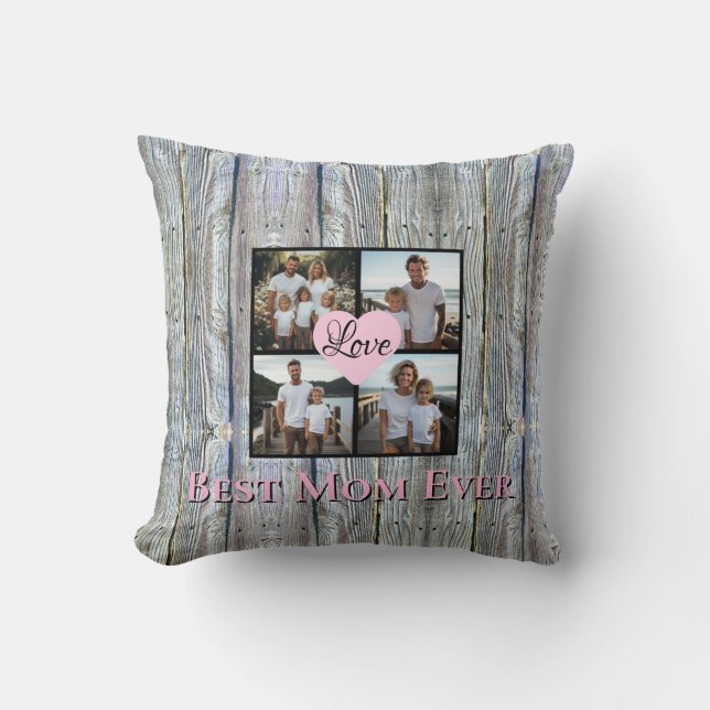 Rustikaler Chic Personalize 4 Foto Beste Mama je Kissen (Vorderseite)