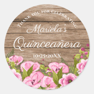 Rustikaler Chic Pink Floral Quinceañera Vielen Dan Runder Aufkleber