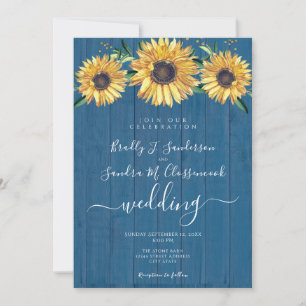 Rustikaler Chic Sonnenblume Navy Blue Wood Wedding Einladung