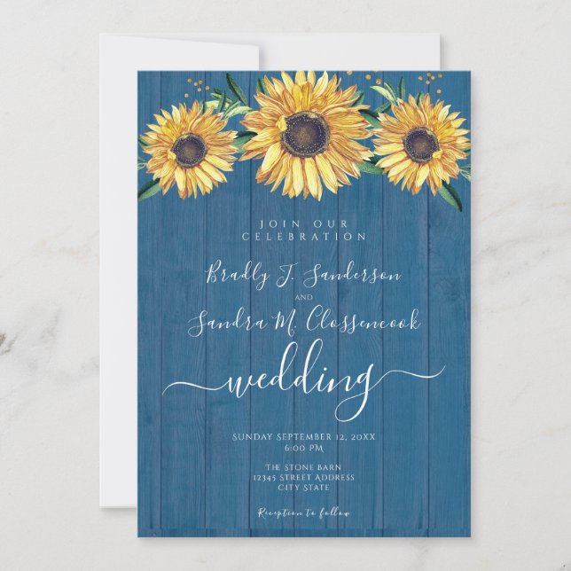 Rustikaler Chic Sonnenblume Navy Blue Wood Wedding Einladung (Vorderseite)