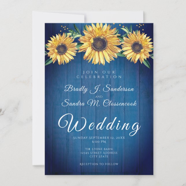 Rustikaler Chic Sonnenblumen Navy Blue Wood Weddin Einladung (Vorderseite)