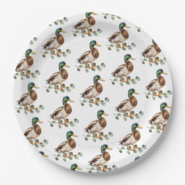 Rustikaler Chic Watercolor Mallard Duck Pappteller (Vorderseite)