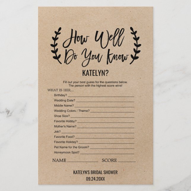 Rustikaler Chic wie gut kennen Sie das Bride-Spiel (Vorderseite)
