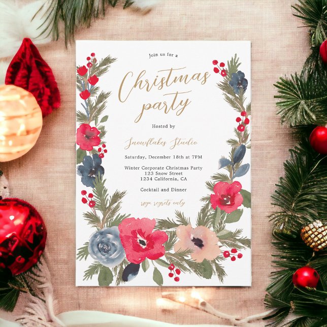 Rustikaler Chic Winter Floral Watercolor Weihnacht Einladung (Rustic chic Winter Floral Watercolor Christmas Invitation)