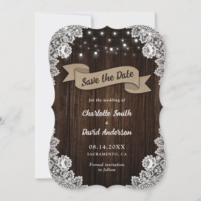 Rustikaler Chic Wood Burlap Lace Wedding Save The Date (Vorderseite)