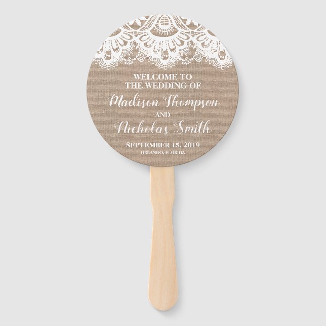 Rustikaler Circle Fan für Burlap- und Lace Wedding Fächer (Vorderseite)