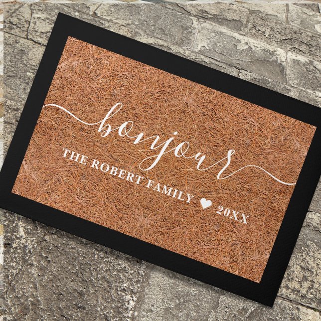 Rustikaler Coir Familienname Bonjour Französisch W Fußmatte (French Hello Goodbye entrance door mats personalized with family name.)