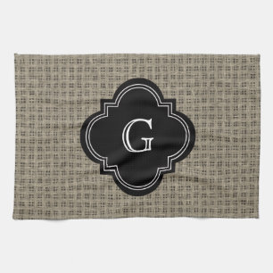 Rustikaler Country Burlap Look, Schwarz Monogram L Geschirrtuch