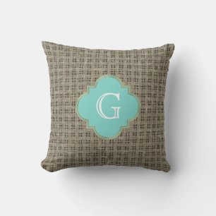 Rustikaler Country Burlap Look, Türkis Monogram Kissen