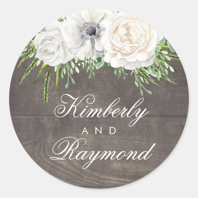 Rustikaler Country Chic | Weißes Blume-Hochzeit Runder Aufkleber (Vorderseite)