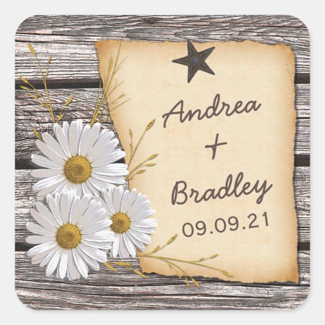 Rustikaler Country Daisy Wedding Umschlag Aufklebe Quadratischer Aufkleber (Vorderseite)