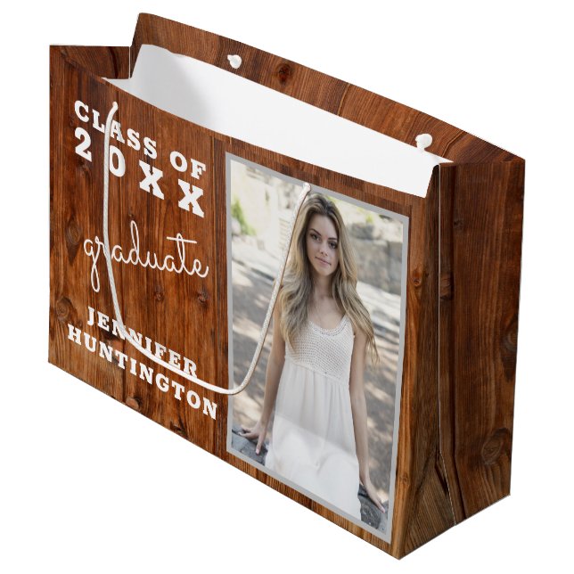 Rustikaler Country Dark Wood Foto Abschluss Große Geschenktüte (Vorderseite Schrägansicht)