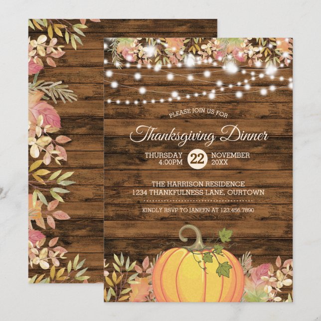 Rustikaler Country String Lights Pumpkin Erntedank Einladung (Vorne/Hinten)