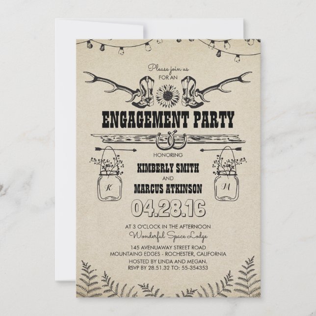 Rustikaler Cowboy Boost Engagement Party Einladung (Vorderseite)