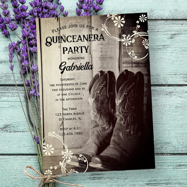 Rustikaler Cowboy Boots Country Western Quinceaner Einladung (Von Creator hochgeladen)