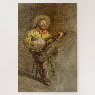 Rustikaler Cowboy singen w Banjo im alten Westen