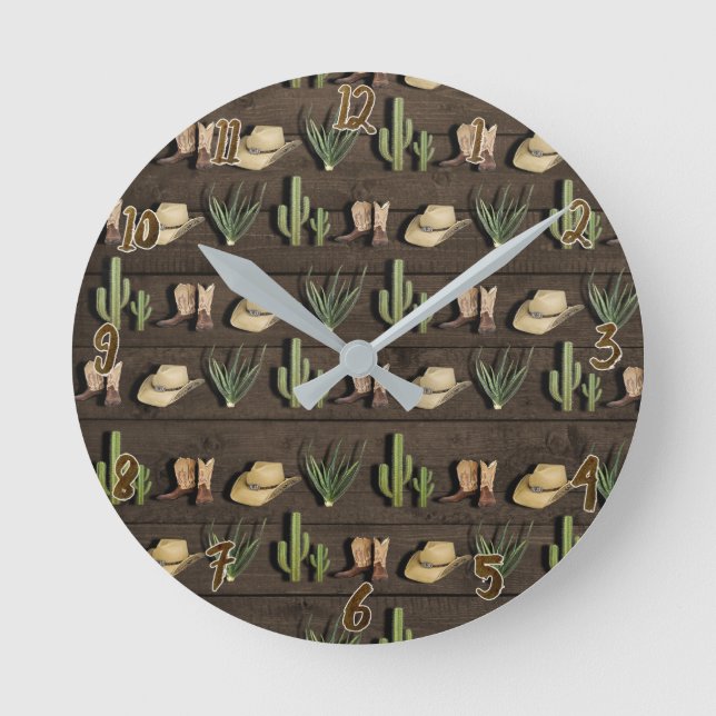 Rustikaler Cowboy Western Rodeo Wooden Runde Wanduhr (Vorderseite)