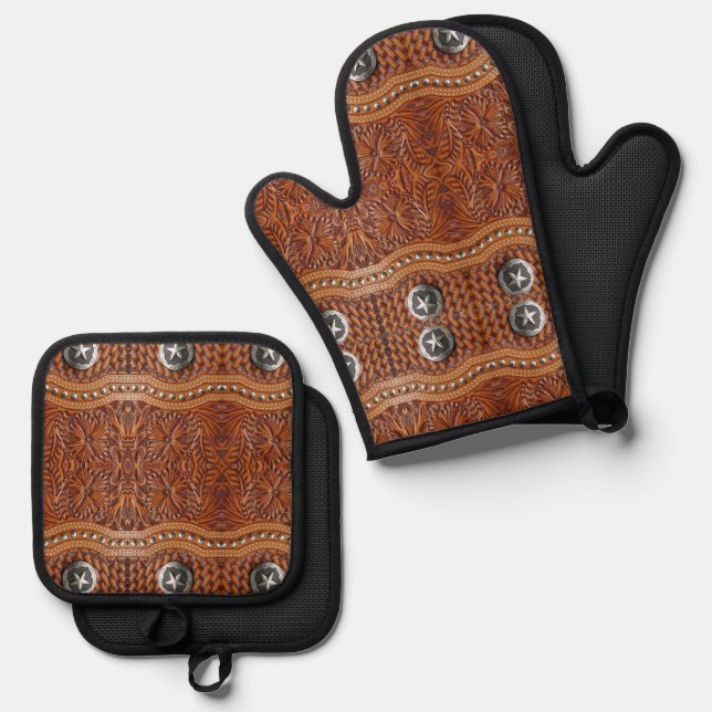 Rustikaler Cowboy-Western Südwest Bauernhof Ofenhandschuh & Topflappen-Set (Vorderseite/Rückseite)