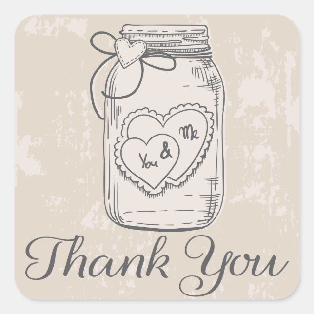 Rustikaler Dank Ihnen Mason Jar Hearts Tan Wedding Quadratischer Aufkleber (Vorderseite)