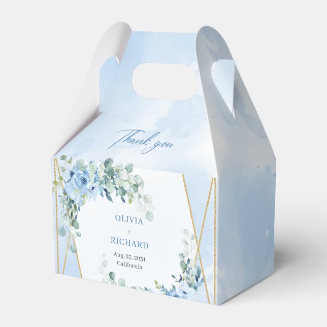Rustikaler Dusty Blue Floral Eukalyptus Goldrahmen Geschenkschachtel (Vorderseite)