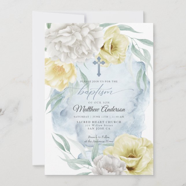 Rustikaler Dusty Blue Yellow Floral BAPTISM Einladung (Vorderseite)