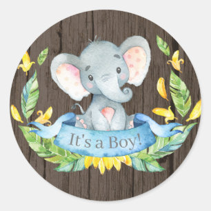 Rustikaler Elefant Jungen-Baby-Party Blau Runder Aufkleber