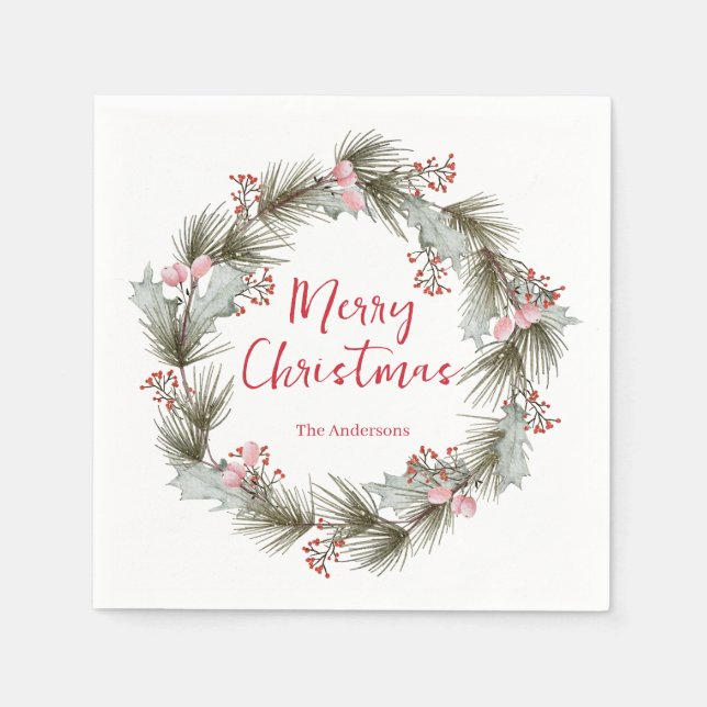 Rustikaler eleganter Wasserfarben-Weihnachtskranz  Serviette (Vorderseite)