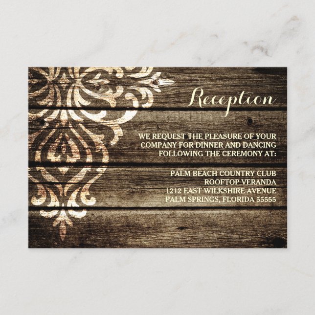Rustikaler Empfang für HolzDamast Hochzeit Begleitkarte (Vorderseite)