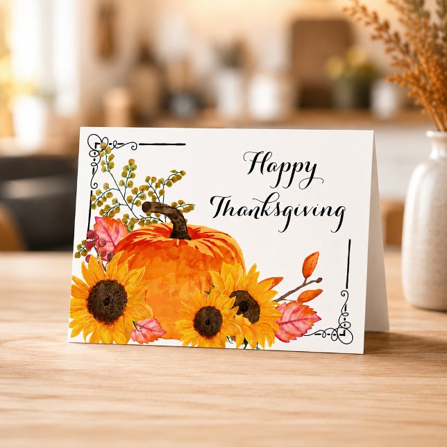 Rustikaler Erntedank Pumpkins Sonnenblume Karte (Watercolor Pumpkins Thanksgiving Card)