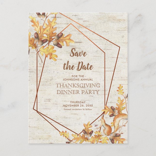 Rustikaler Erntedank Save the Date Acorns Eichhörn Postkarte (Vorderseite)