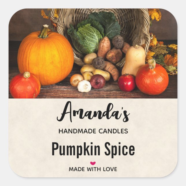 Rustikaler Erntedank Table Pumpkin Candle Biz Quadratischer Aufkleber (Vorderseite)