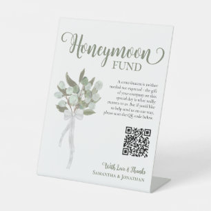 Rustikaler Eucalyptus Bouquet Honeymoon Fund QR Co Sockelschild