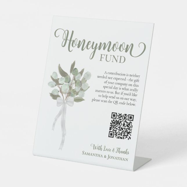 Rustikaler Eucalyptus Bouquet Honeymoon Fund QR Co Sockelschild (Vorderseite)